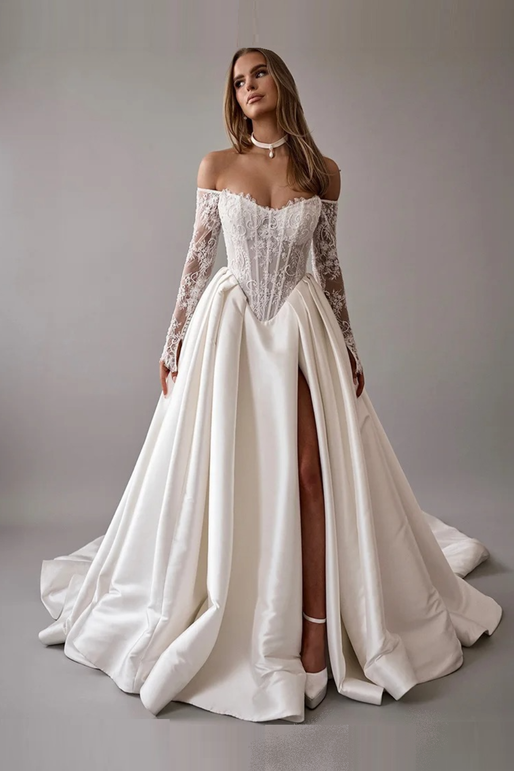 Lace Wedding Dress A-Line Off Shoulder Applique Long Sleeve Bridal Gow