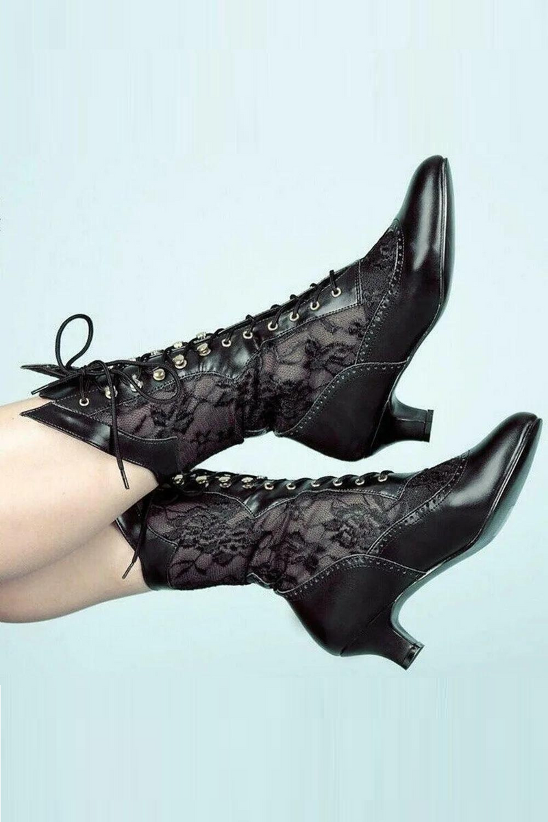 Women Victorian Pointed Toe Mid-Calf Boots Leather Lace Hollow Out Punk Lace Up Strange High Heel Shoes