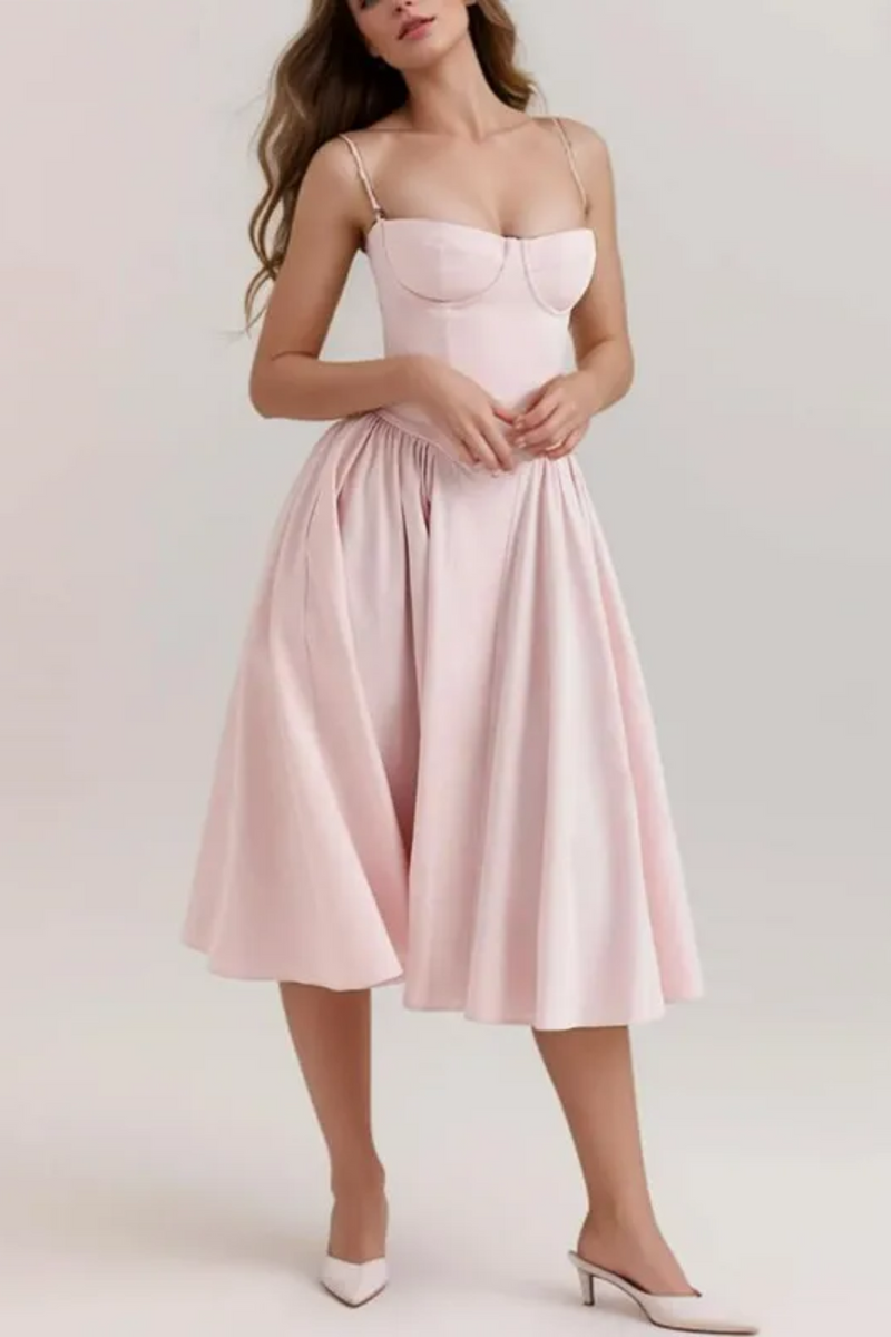 Romantic Wire Corset Style Low Waist Ruched Pleated Swing Long Midi Dress Women Sexy Summer Midi Sling