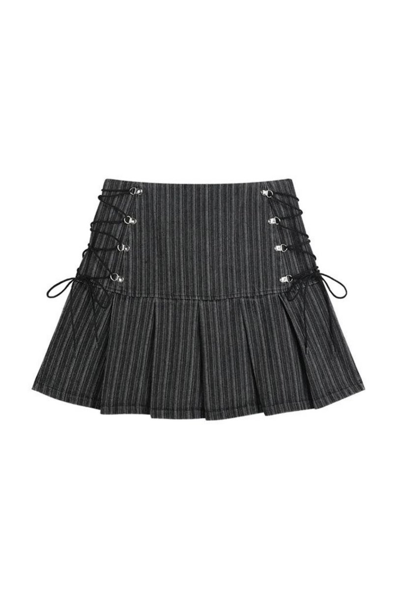 Pleated Skirt Women High Waist Grey Stripe Bandage Mini Skirts Summer Skirt Vintage