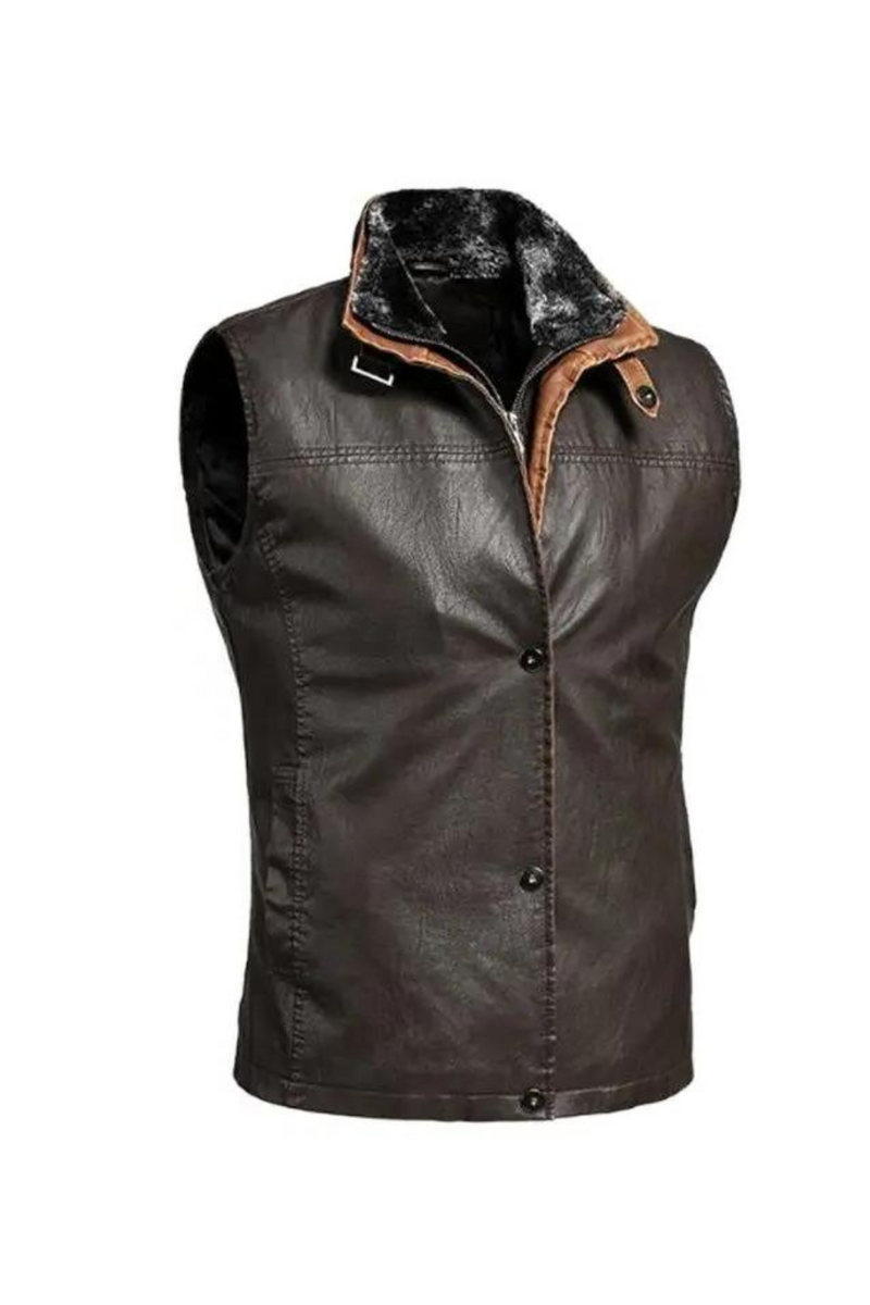 Men's Leather Vests Casual Retro Jacket Autumn Winter Outerwear Thick Male Coat