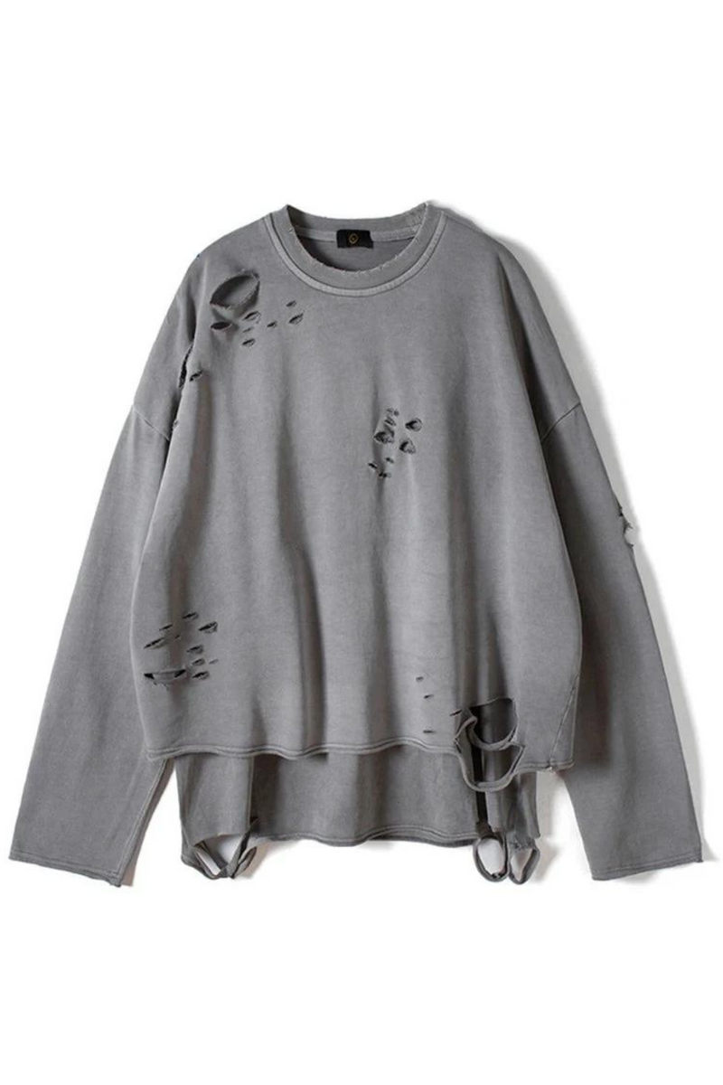 Streetwear Vintage Sweatshirt Autumn Creative Distressed Destroyed Ripped Holes Pullover Cotton Tops Loose