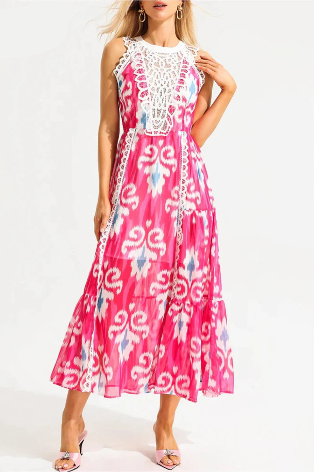 open lace back dress VGH Vintage Embroidery Chic Long Dress For Women Round Neck Sleeveless
