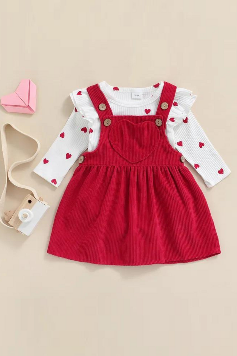 Valentine's Day Infant Baby Girl's Two-Piece Suit Heart Pattern Ruffle Long Sleeve O-Neck Romper tops Corduroy