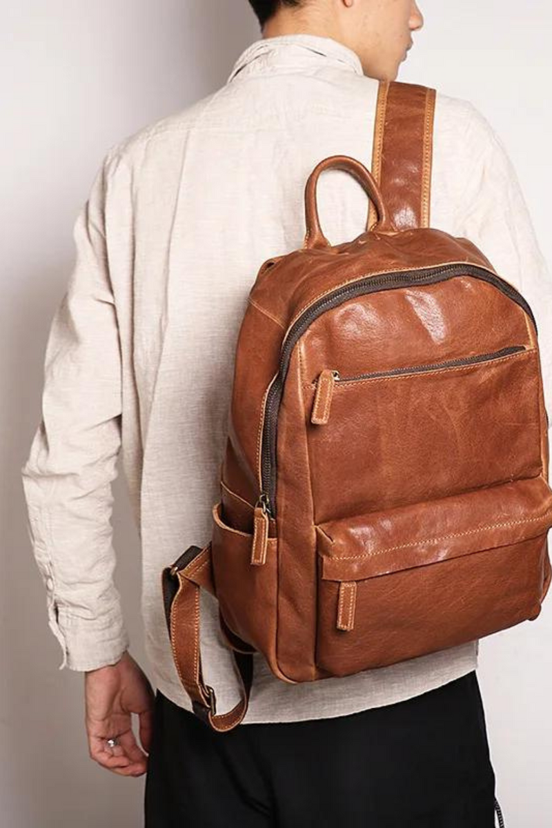 Men's leather backpack women's head leather 14-inch computer backpack outdoor travel bag