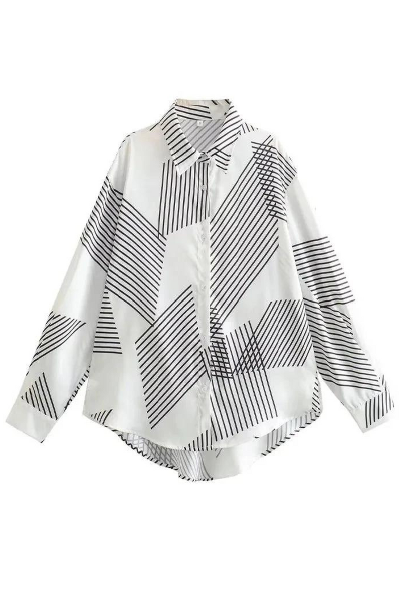 Spring Casual Shirts Woman Trendy White Geometric Turn-Down Collar Long Sleeves Single Breasted Female Blouses