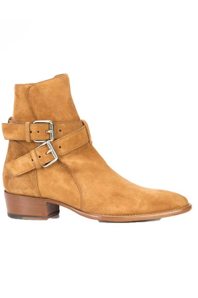 British Style Double Straps Buckle Tan Suede Ankle Boots Pointed Toe Men Square Heel Slip On Chelsea Boots