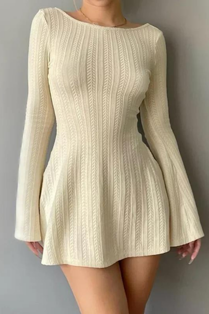 Solid Knitted Pleated Dresses Casual Flared Backless Mini Dress O Neck Basic Chic Elegant