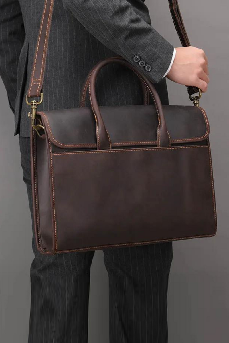Genuine Leather Men Briefcase 13.3" Laptop Business Handbag Real Leather Retro Crossbody