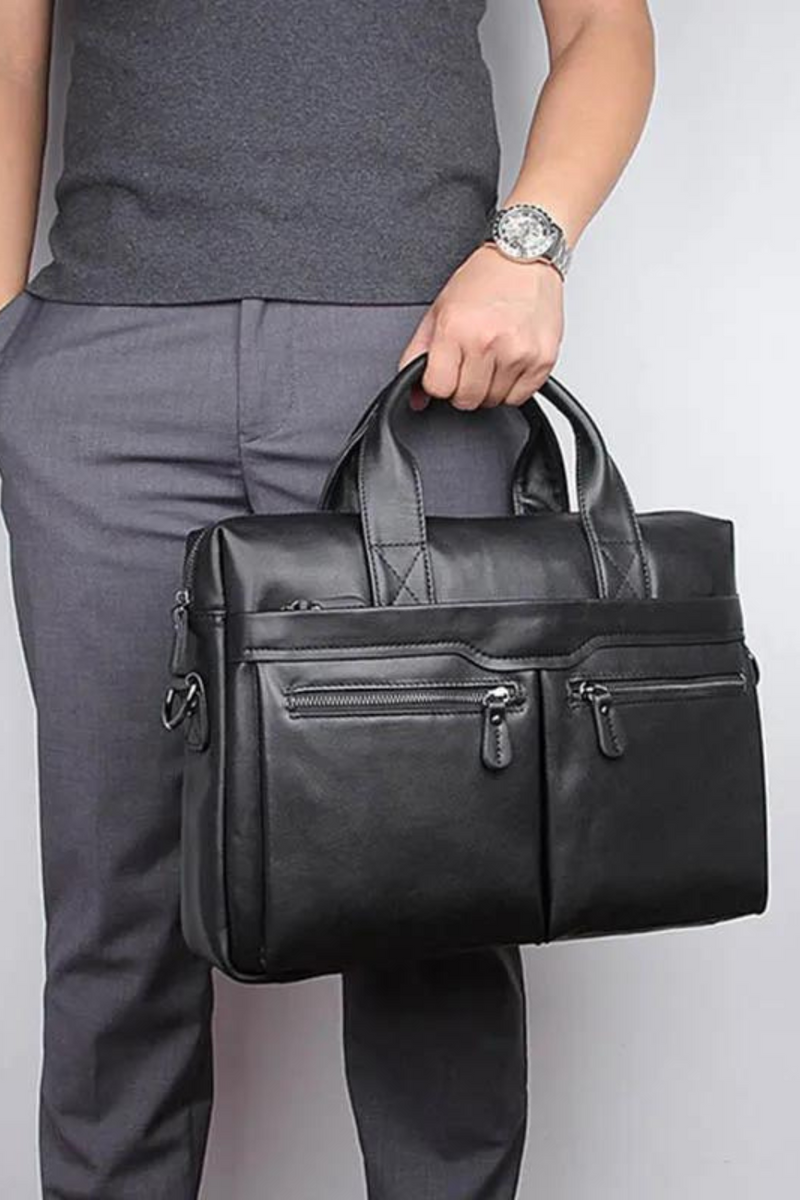 Soft Genuine Leather Business Briefcase For Man Fit 14" Laptop Handbag Black Soft Leather Male