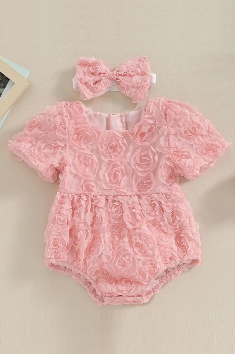 Summer Infant Baby Girls Bodysuit Rose Flower Short Sleeve Clothes Headband Cute Pink Clothes