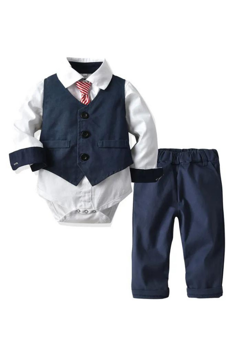 Baby Boy Formal Set Clothing with Tie Navy Vest Romper Pants Kids Hat Suits Party Birthday Gentleman Clothes