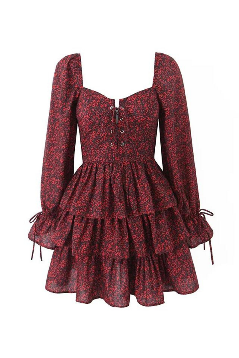 Women Front Red Floral Dress Vintage Puff Sleeve Layered Ruffle Hem Cake Mini Dress Holiday