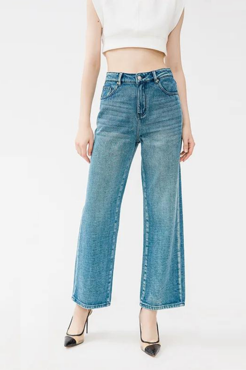 Women plush straight leg denim pants loose wide leg jeans