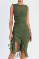 Elegant Ruffle Midi Dress For Women Robe Summer Backless Irregular Club Party Dress