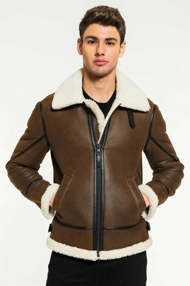 Mens Brown Shearling Jacket Bomber Jacket Short Fur Coat Mens Winter Coats