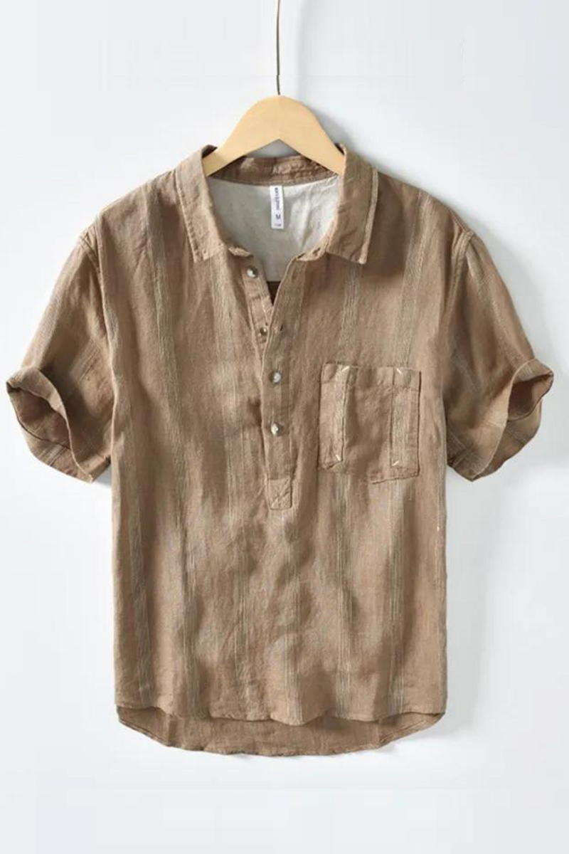 Linen Men Short Sleeve Shirt Chest Pocket Striped Stand Collar Shirts Casual Summer Comfortable Tops Shirt Man