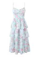 Floral Layered Spaghetti Strap Dress Women Sexy Elegant Party Dresses Chic Slit Hem Female Summer
