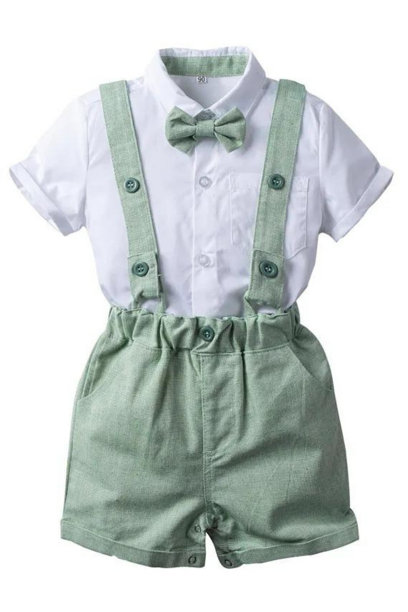 Baby Boys Summer Clothes Children Green Cotton Suit Solid T-shirt Overalls with Bow Toddler Casual Outfits