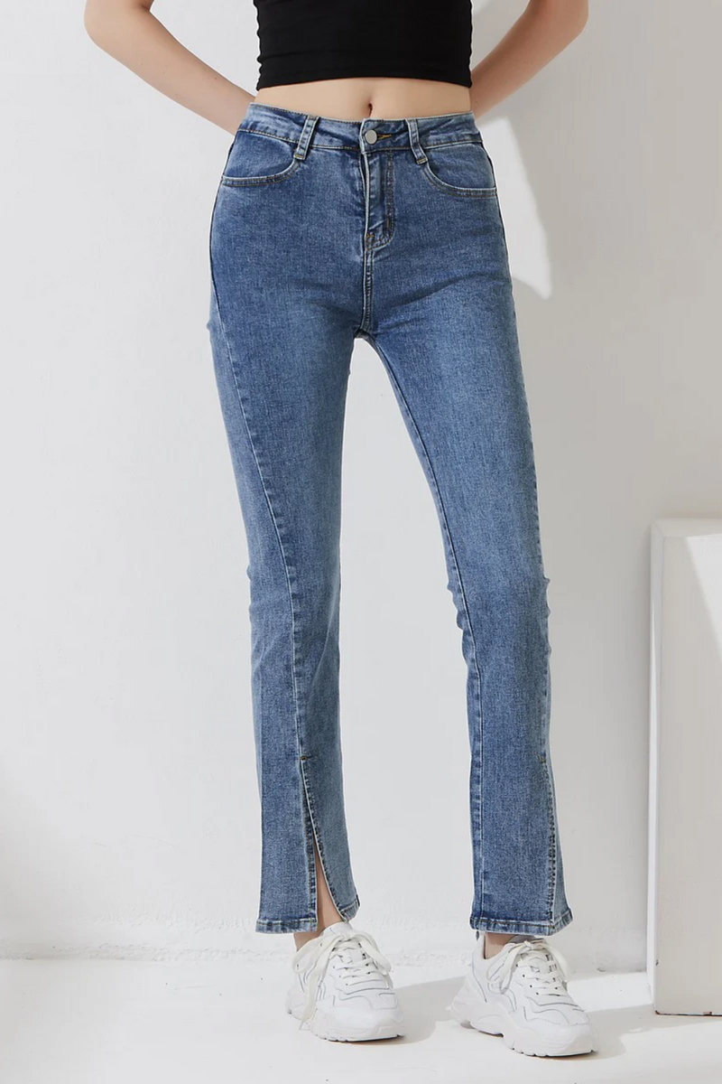 Women Streetwear Stretchy Long Denim Pants Ladies Split Hem High Waist Vintage Blue Pockets Slim Casual Jeans