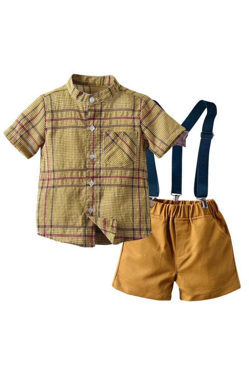 Casual Outfits Kids Boys Clothing Summer Cotton Children Short Set Yellow Plaid
