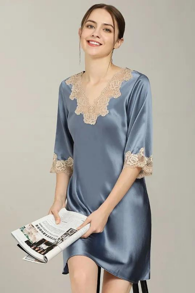 Silk half sleeve Mini above knee loose nightgowns girl summer lace pyjamas for women