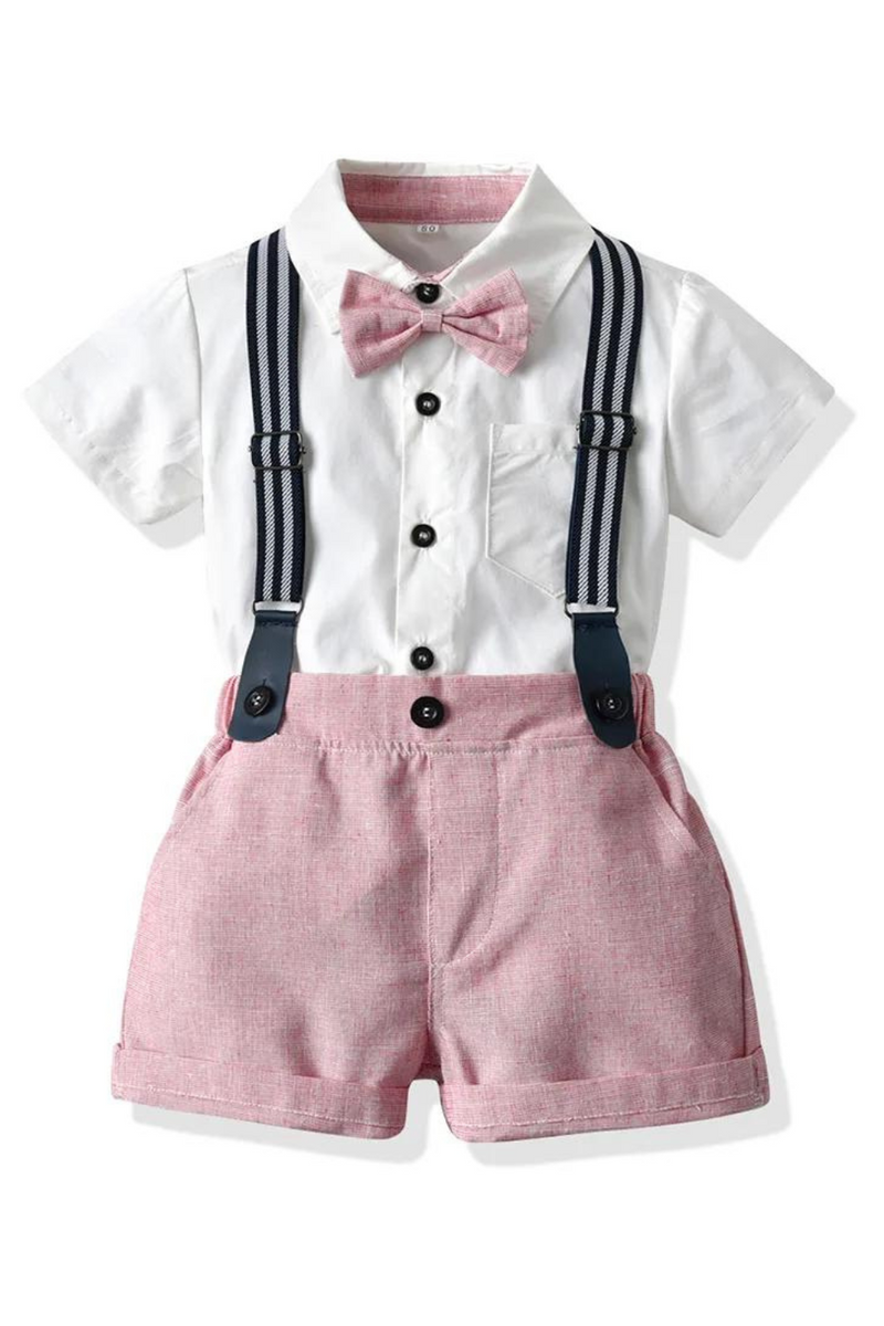 Boys Summer Outfits Solid Birthday Clothing Set Soft Cotton Lapel Suspender Suit Children