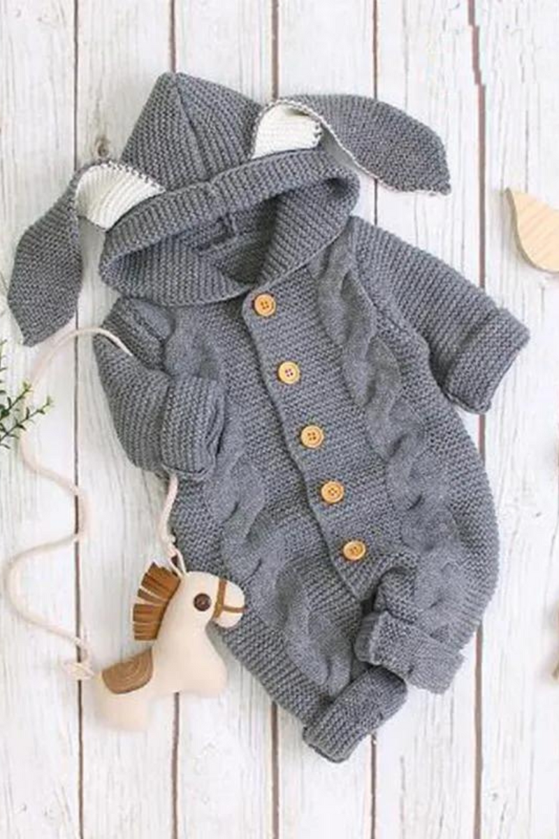 Baby Girl Romper Winter Rabbit Toddler Long Sleeve With Ears Hooded Solid Button Knit Boys Jumpsuits Baby Outfit
