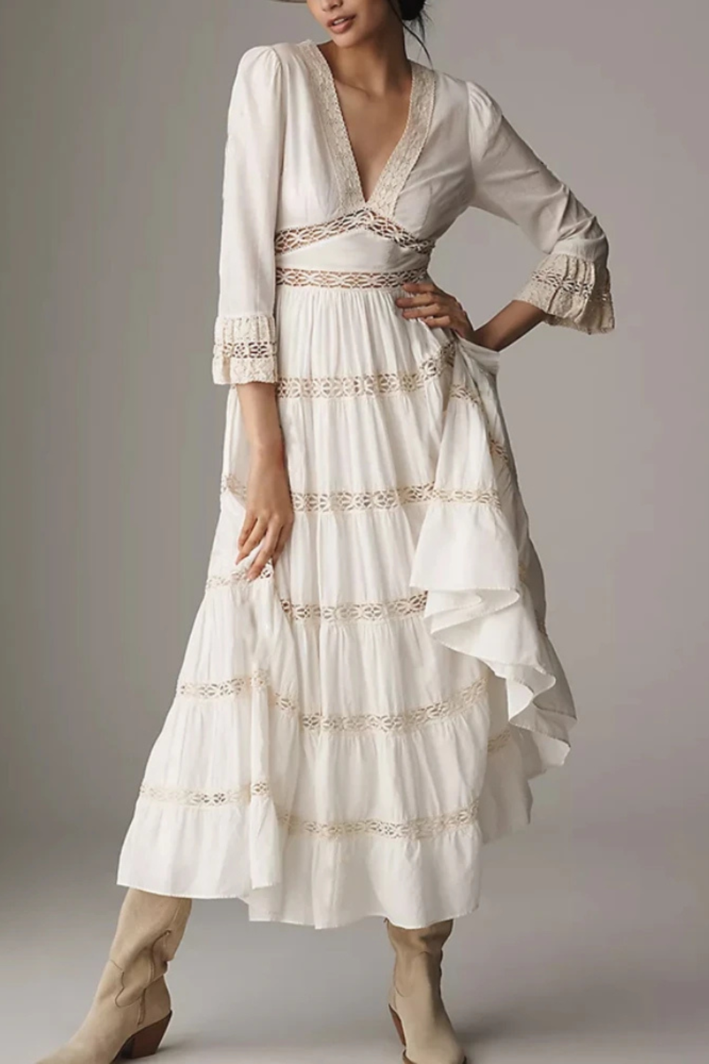 Elegant Hollow Out Women's Long Dresses Flare Sleeves Lace Splicing Dr Elegant Hollow Out Women's Long Dresses Flare Sleeves Lace Splicing Dr