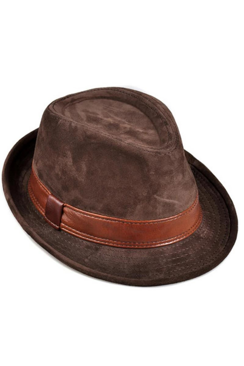 Genuine Leather Nubuck Brown Fedoras Hats Gentleman Caps 56-60cm Fitted Hat