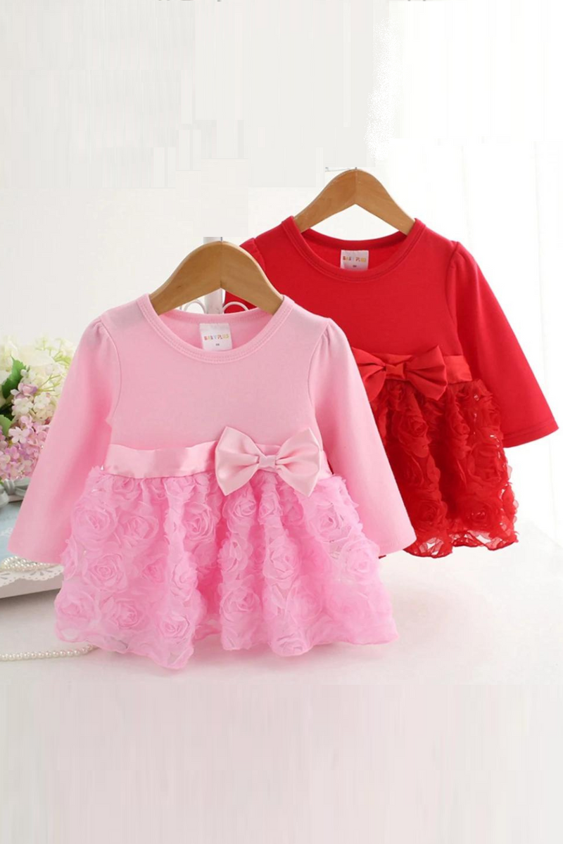 3-24M Baby Girls Dress 100% Cotton Infant Clothing Kids Clothes New Born Long Sleeves Flowers Party Princess NB Dresses Pink