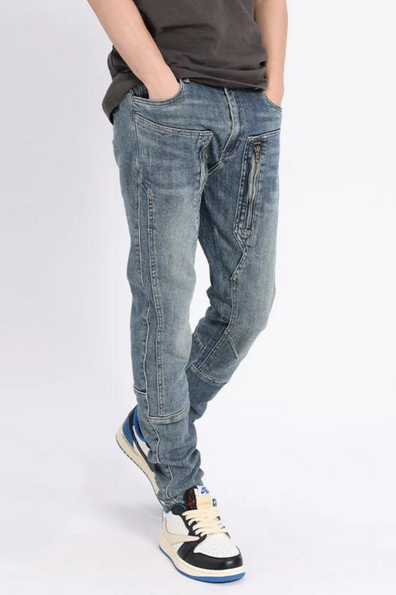 Men Jeans Retro Light Blue Elastic Slim Fit Spliced Biker Jeans Men Zipper Designer Hip Hop Pants