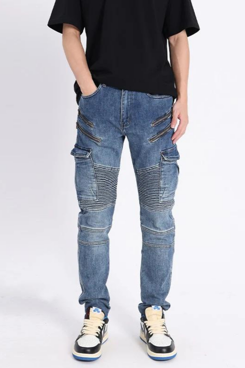 Men Jeans Retro Blue Spliced Patched Elastic Slim Fit Biker Jeans Men Zipper Designer Cargo Pants