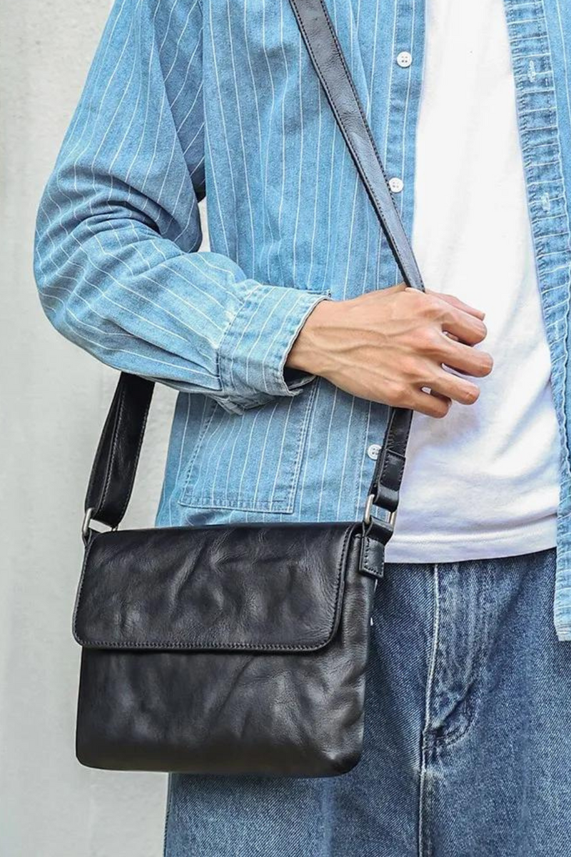 Genuine Leather Men's Crossbody Bag Flap Shoulder Bags Black Small Messenger Bag Work
