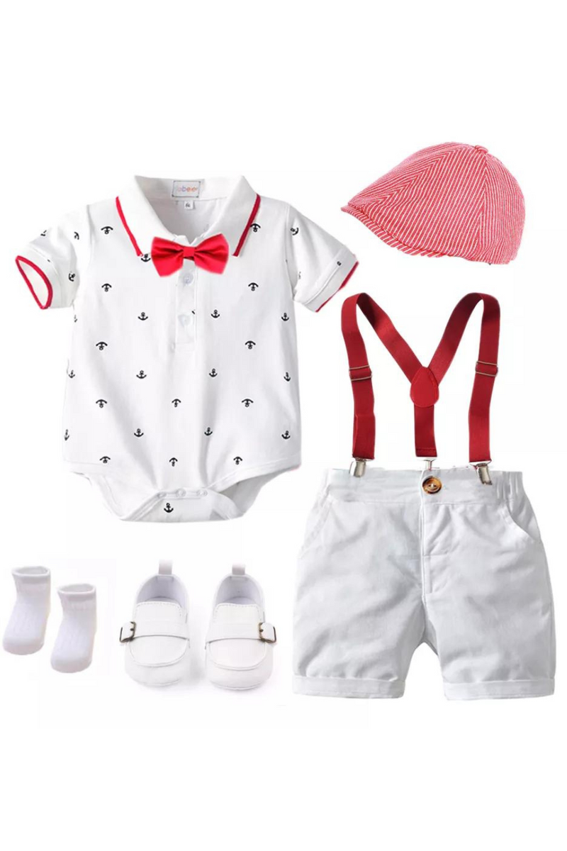Cotton Boys Summer Clothes Set Birthday Dress White Infant Outfit Hat Rompers Bib Shorts