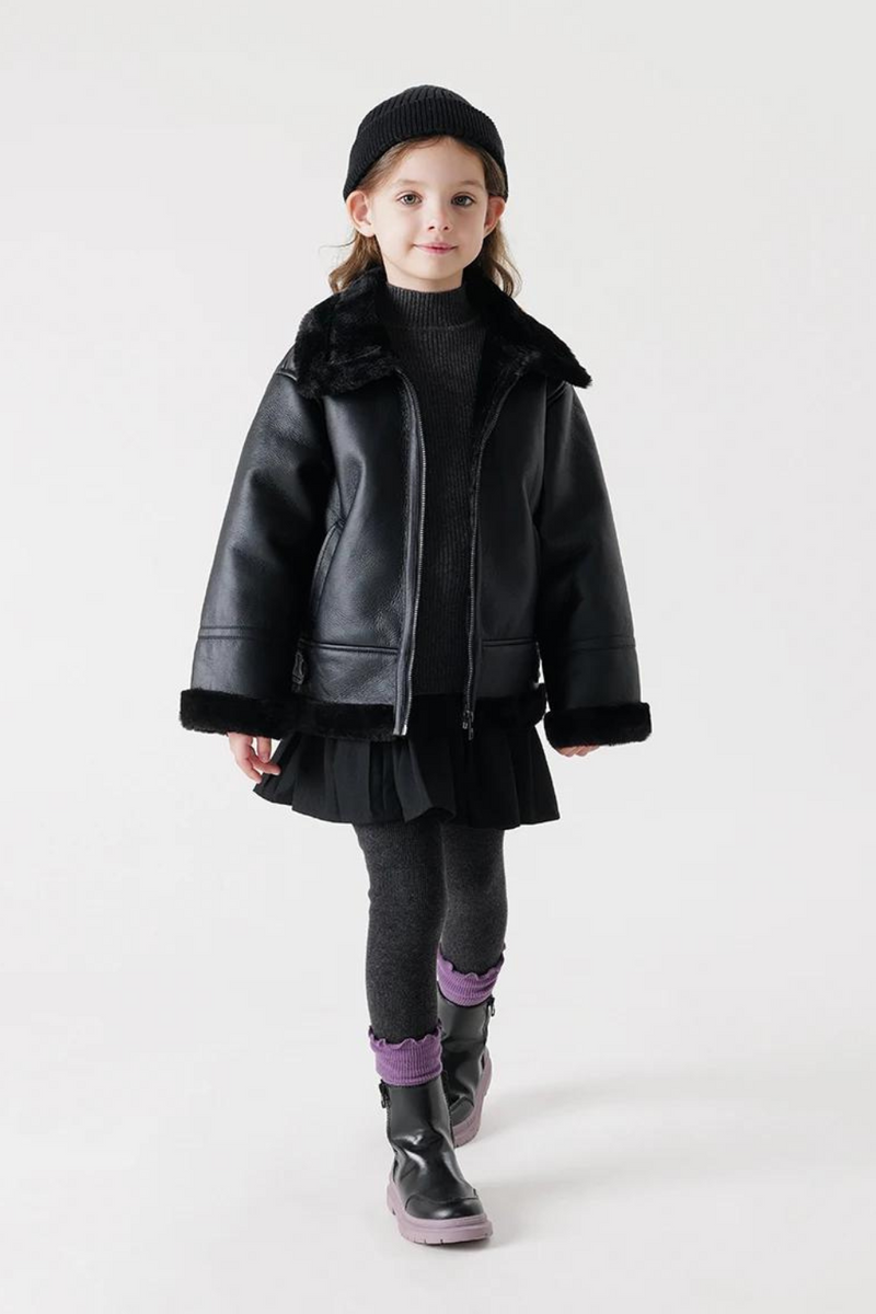 Boys Girls Faux Fur One Leather Jacket Children's Warm Coat for Winter