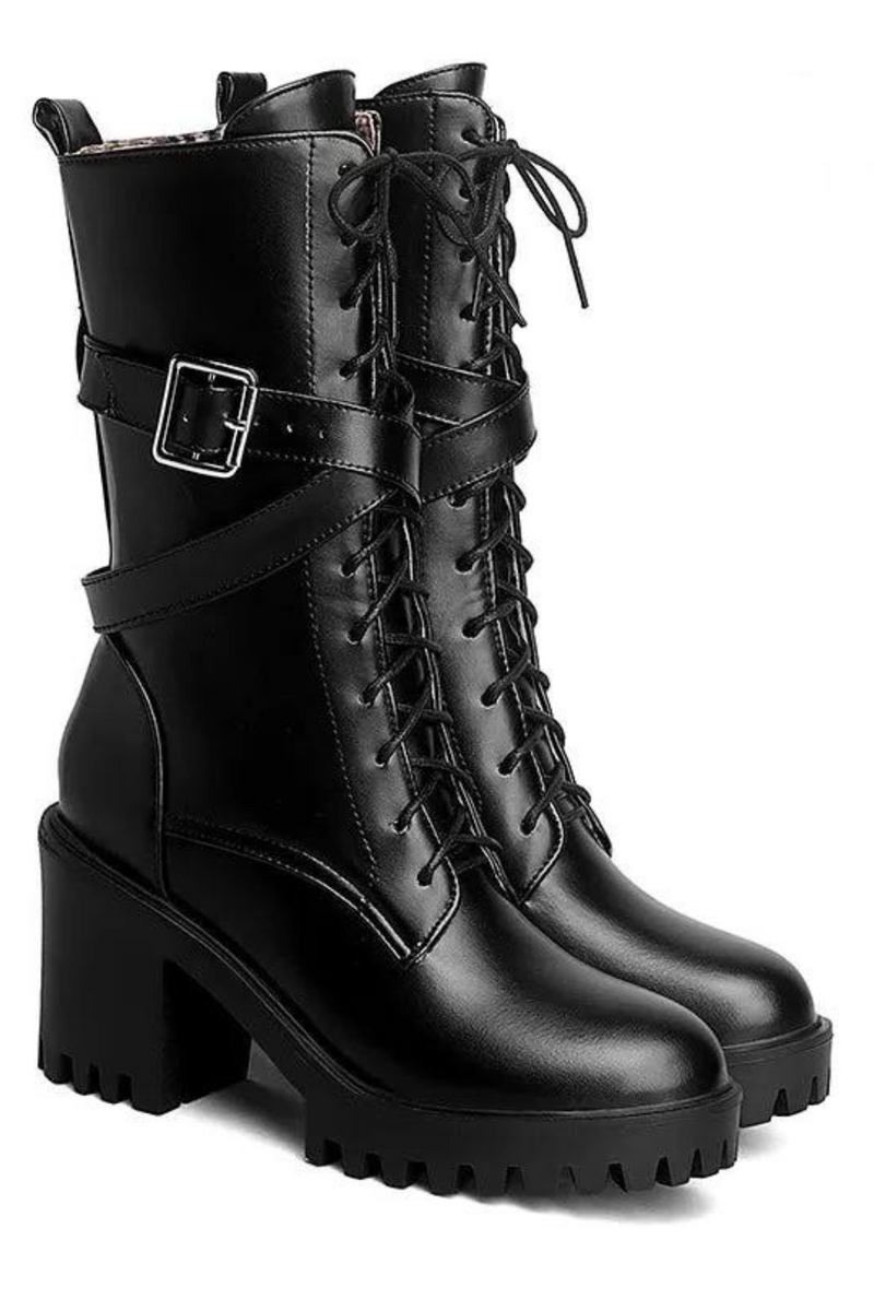 Women Mid-calf Boots Round Toe Thick High Heel Platform Shoes Soft Leather Punk Female Motorcycle Boots