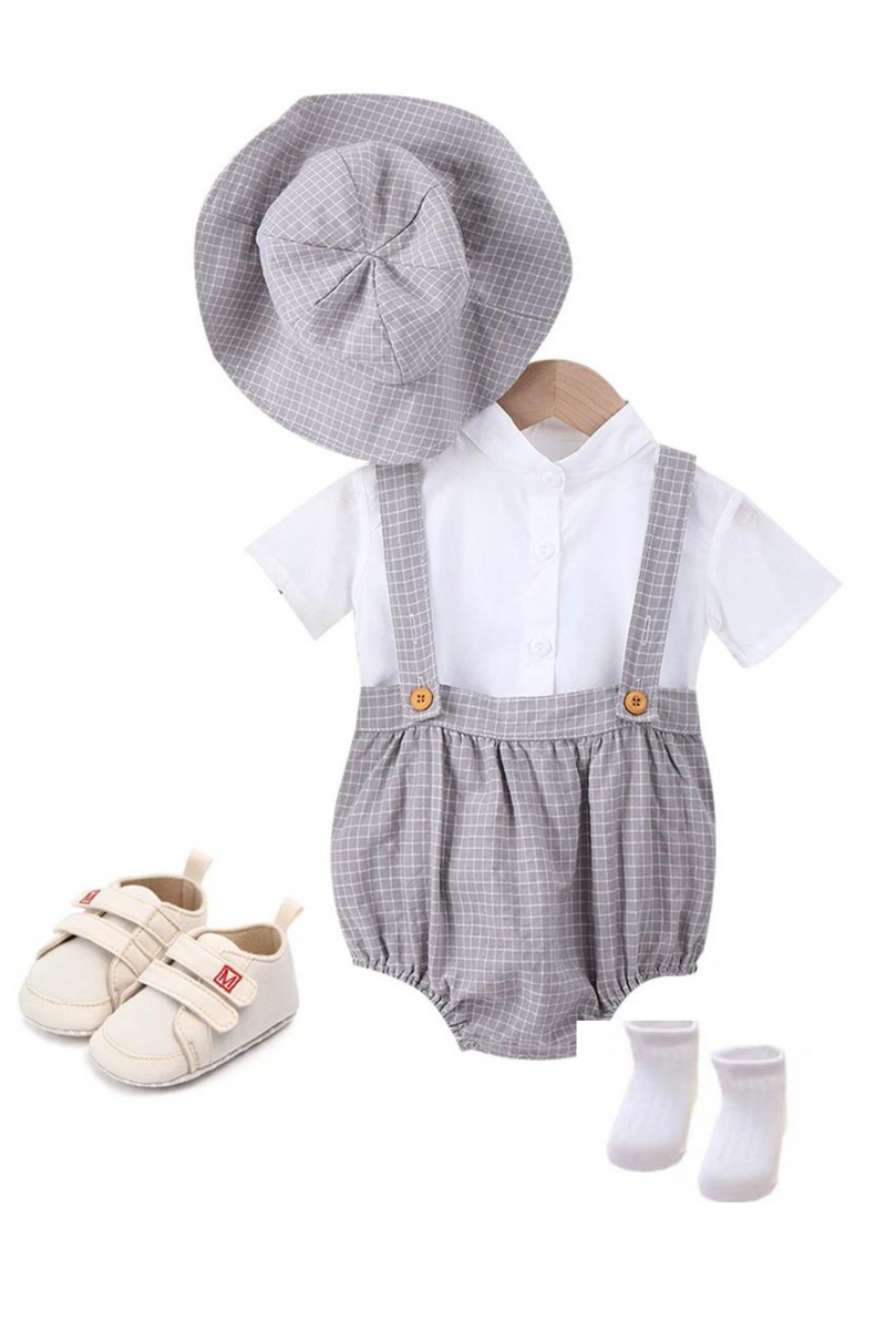 Cotton Baby Boys Clothes Plaid Dress With Cap Shoes Outfits Children Holiday Party Costume Short