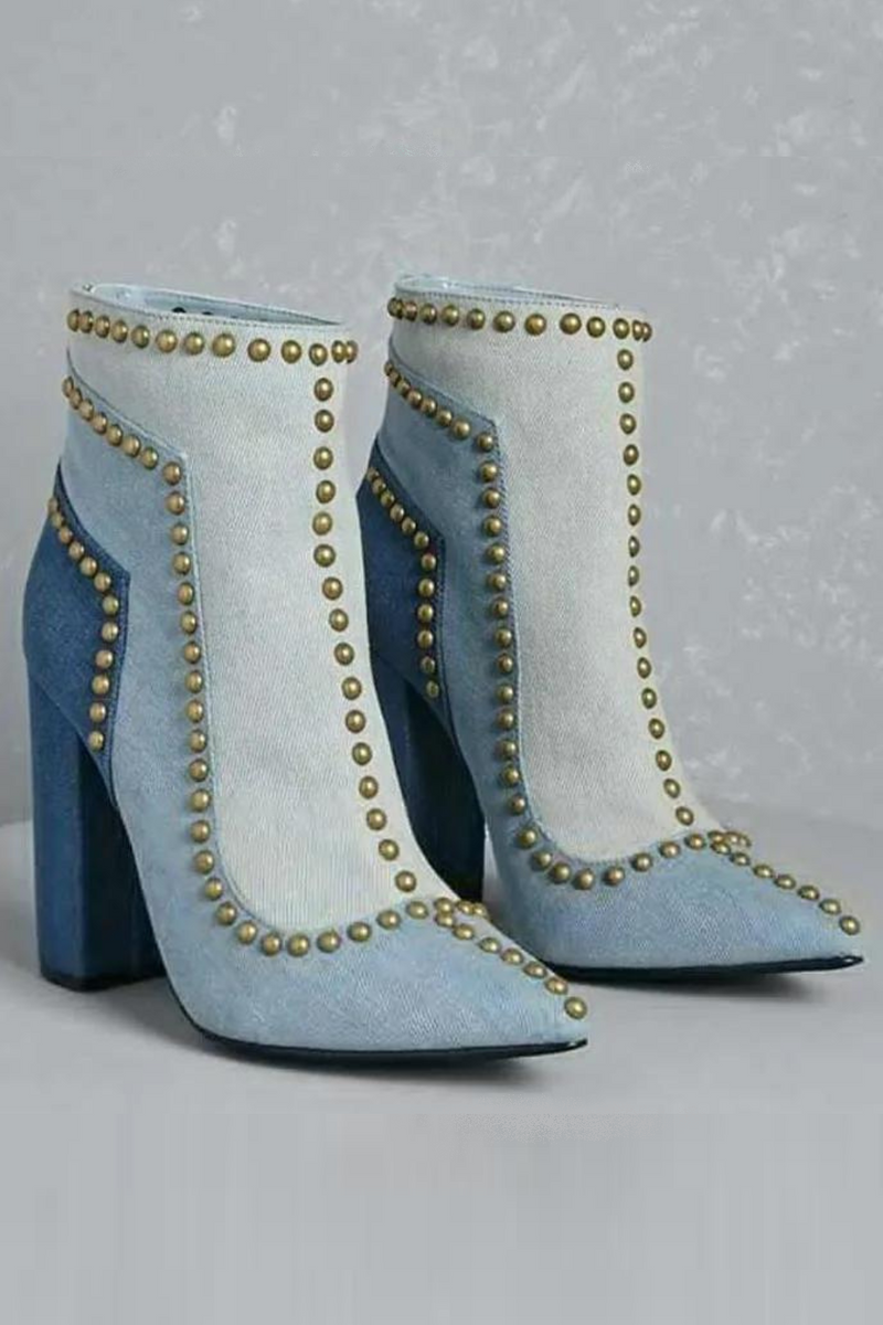 Golden Line Rivets Studs Denim Ankle Boots Pointed Toe Ladies Chunky Heel Boots Back Zip