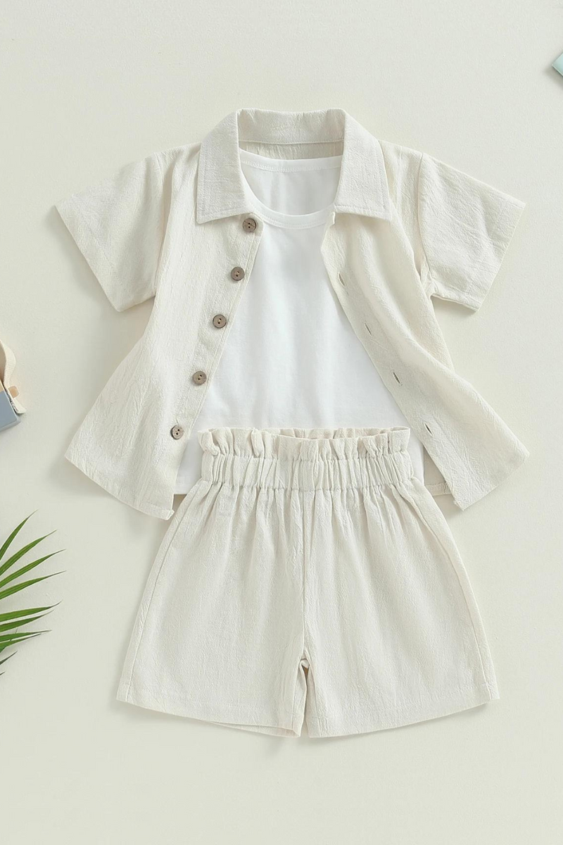 Summer Kids Girl Outfits Solid Color Tops Turn-Down Collar Shirts Elastic Waist Shorts