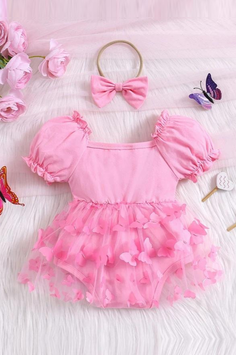 Infant Baby Girl Outfits Butterflies Short Sleeve Mesh Romper Dress with Cute Headband Set Summer Clothes
