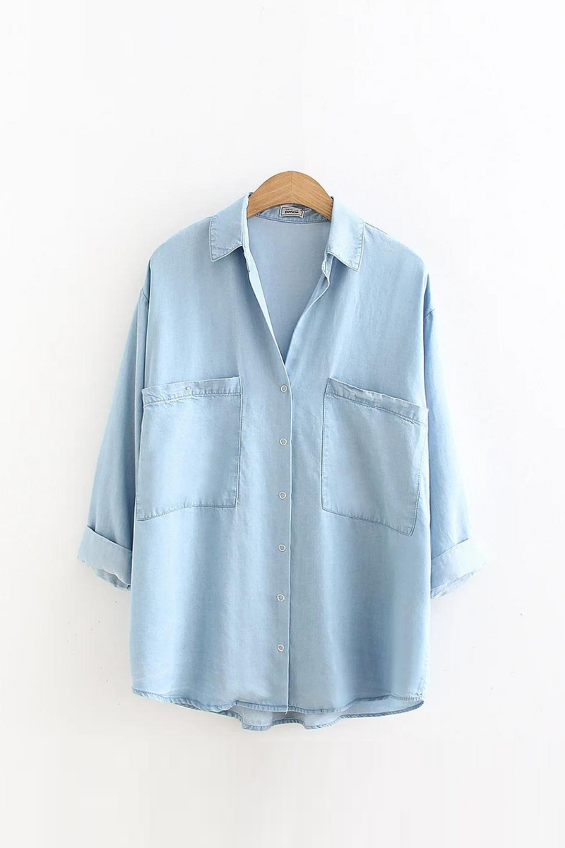 Denim Shirts Women's Summer Soft Jeans Outer Wear Two Pocket Casual Loose Blouses Drape Thin Coat Tops