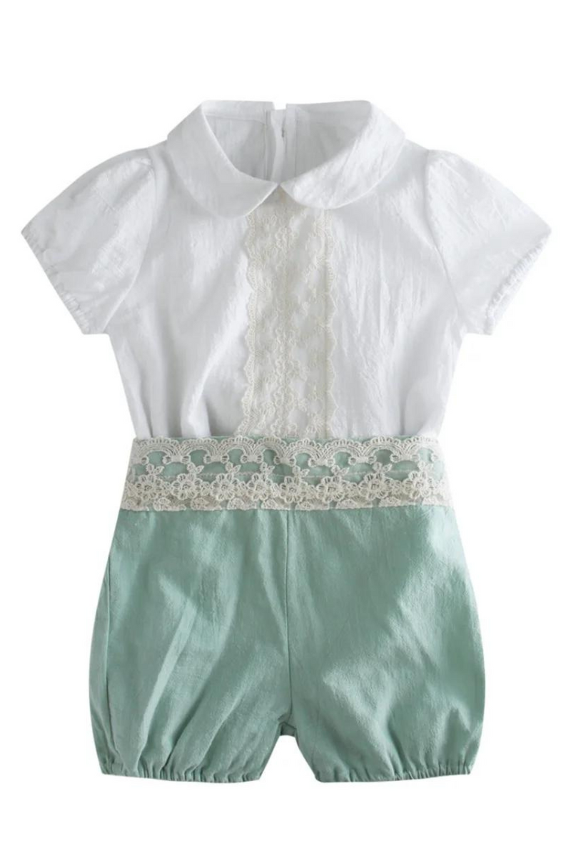 Spanish Style Summer Set for Baby Boy Girl Lace White Short Sleeve Shirt with Elastic Waist Shorts Infant Fashion Children Suit