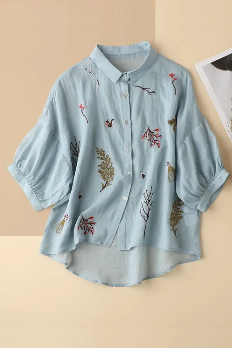 Summer Solid Collar Cotton Three Quarter Shirt Women Vintage Embroidered Loose Casual Puff Sleeve Tops