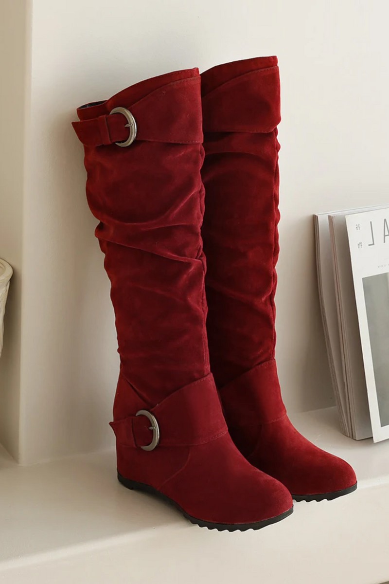 Retro Women Flock Knee High Boots Winter Women's  Boots Ladies Slip On Increase Female Shoes