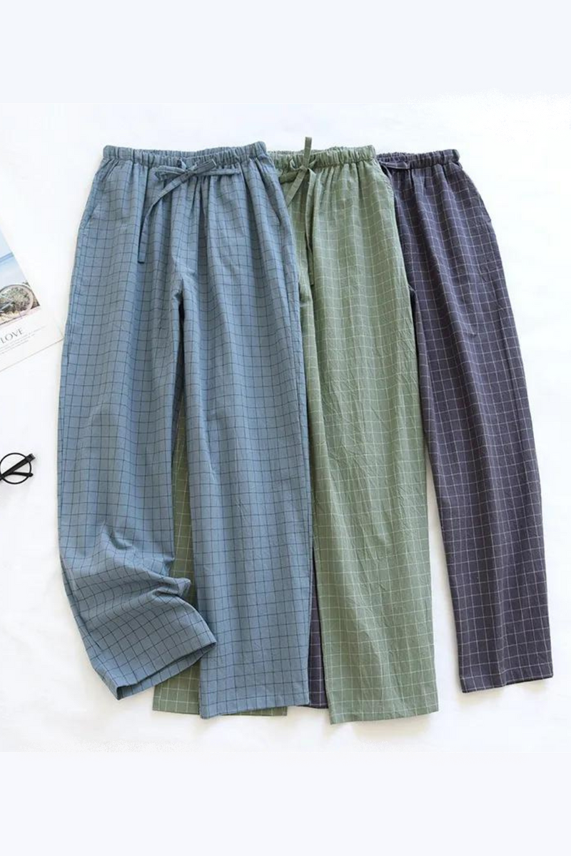 Men Pajama Pants Plaid Cotton Pajamas Long Trouser for Spring and Summer Thin Style Loose-Fitting Plus Size Men Pants