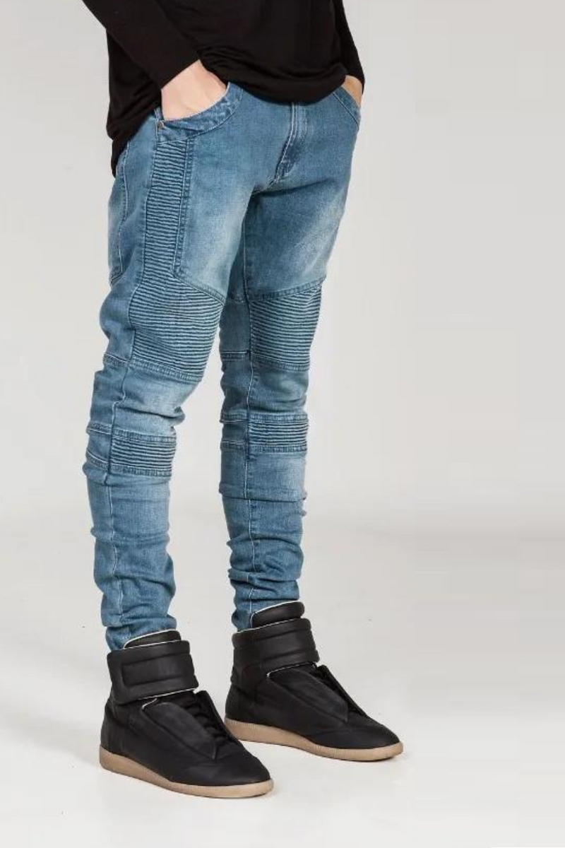 Mens Skinny jeans men Runway Distressed slim elastic jeans denim Biker jeans pants Washed black jeans for men blue