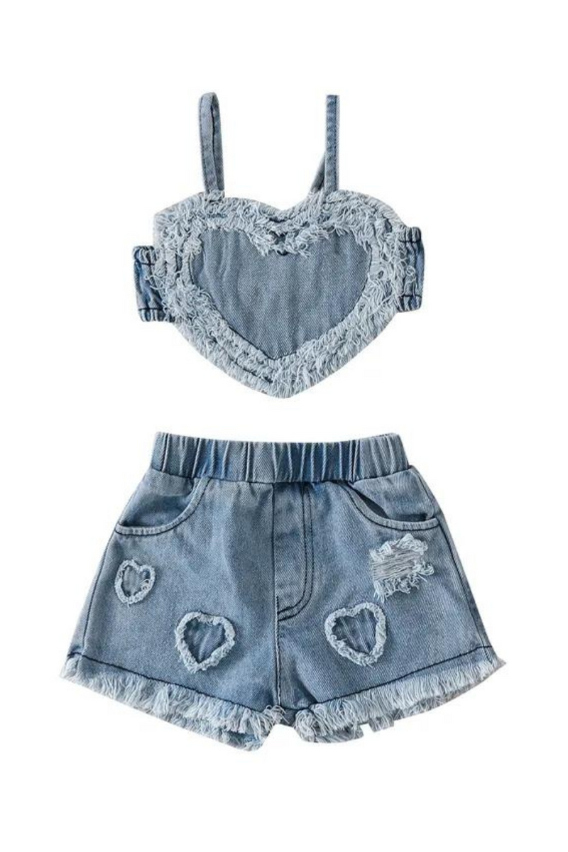 Summer Baby Clothing Set Sleeveless Heart Tank Top and Ripped Denim Shorts 0-24 Months Baby Clothes Newborn Baby Girls Outfits