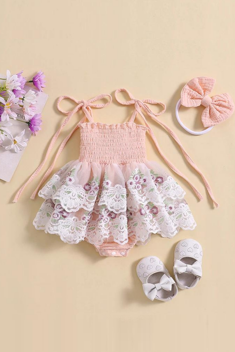 Baby Girl Romper Dress Outfit Tie-up Embroidery Flower Rompers with Bowknot Hairband