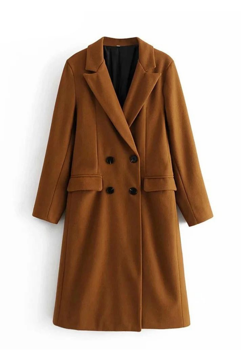 Women Dark Brown Woolen Coat Vintage Double Breasted Long Sleeve Female Autumn Temperament Long Coat